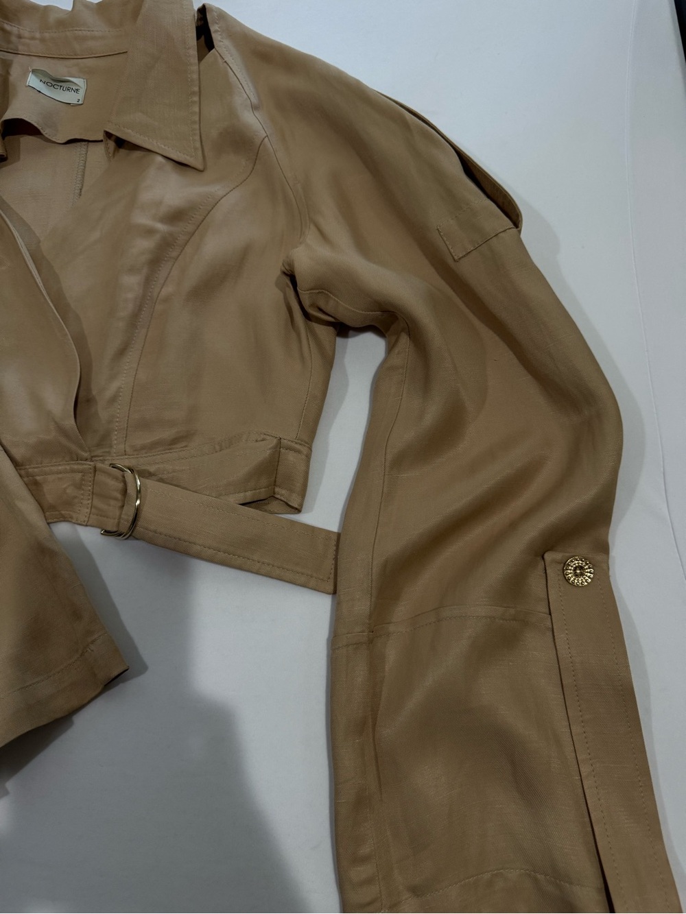 NOCTURNE Beige Cropped Wrap Jacket Linen Blend Open Shoulder Belted Size 2 - Picture 11 of 15
